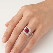925 Sterling Silver Ruby Color Squire Shape Halo Ring For Women